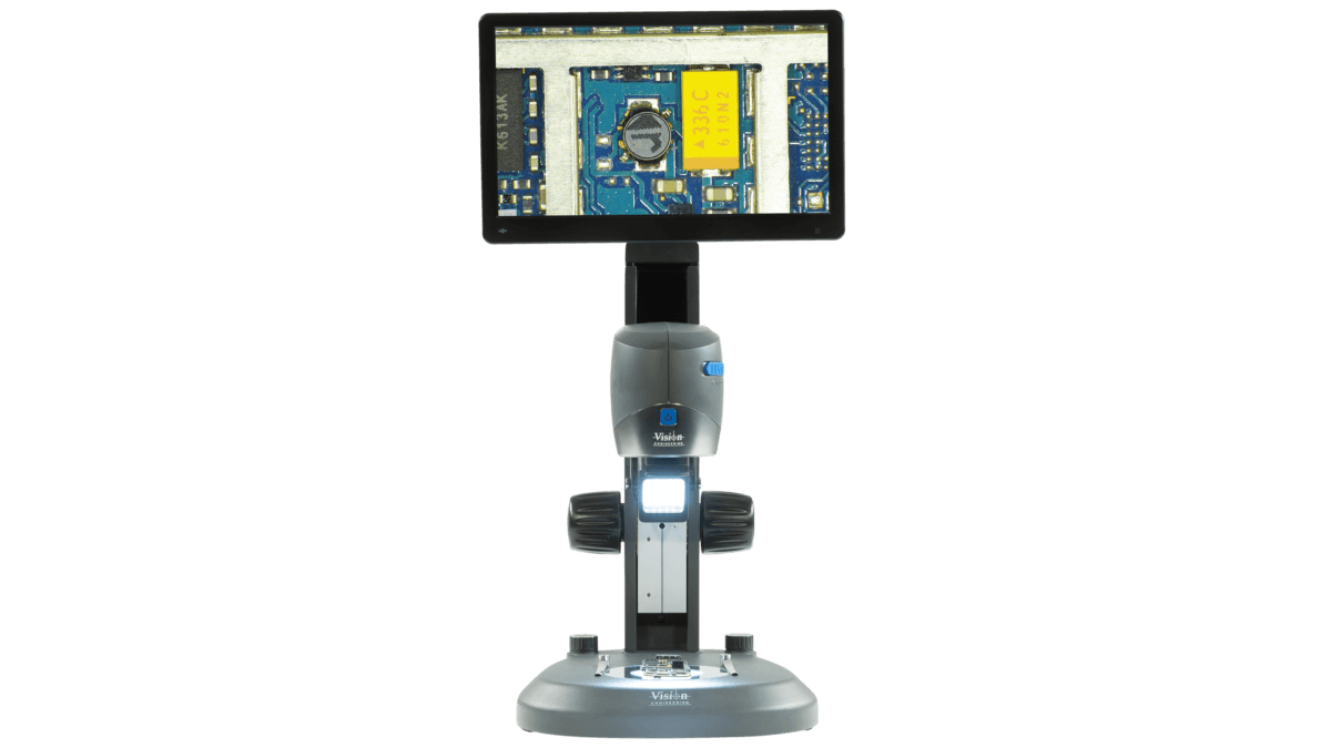 Microscópio digital compacto VE Cam com monitor montado em suporte de bancada