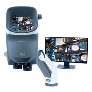 Mantis PIXO stereo microscope with camera displaying PCB on monitor