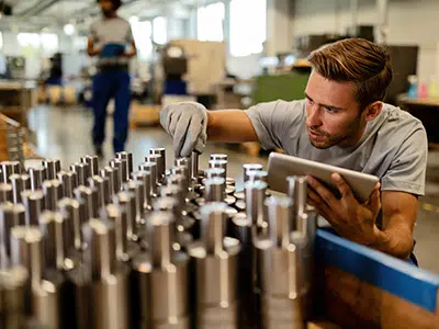 iStock-1152648684-goodsin-400×300 Homem a inspecionar peças de metal numa linha de produção.