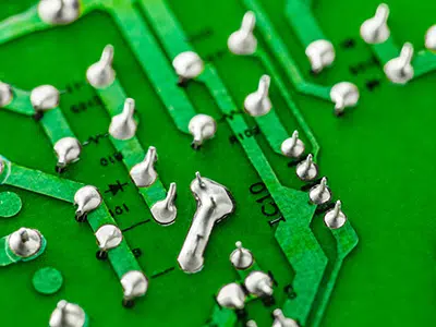 iStock-1835635545-solder-PCB-400×300 Imagem aproximada de uma placa de circuito impresso.